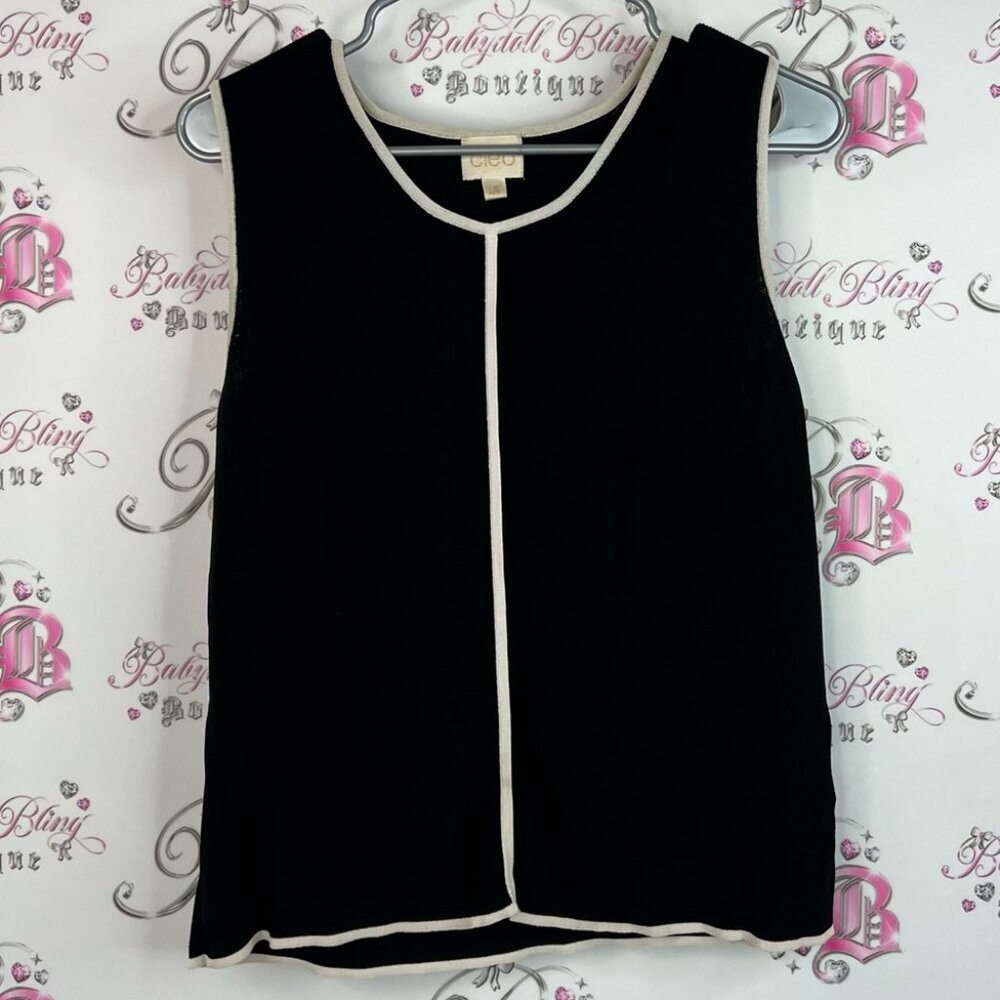 Cleo tank top sleeveless shirt Black Top with Cream white Trim color block